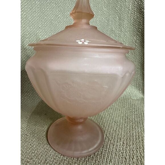 Vintage Anchor Hocking Mayfair Pink Frosted Depression Candy Dish & Lid Floral - Picture 2 of 11